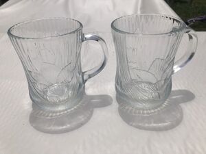 Vintage Arcoroc France Canterbury Clear Glass Mugs, Set Of 2, Embossed Crocus